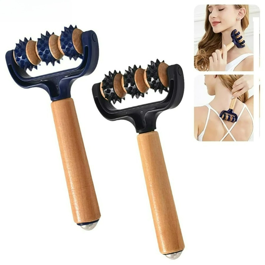 Home Office Ergonomics - Wooden 3-Wheel Handheld Massage Roller, Ergonomic